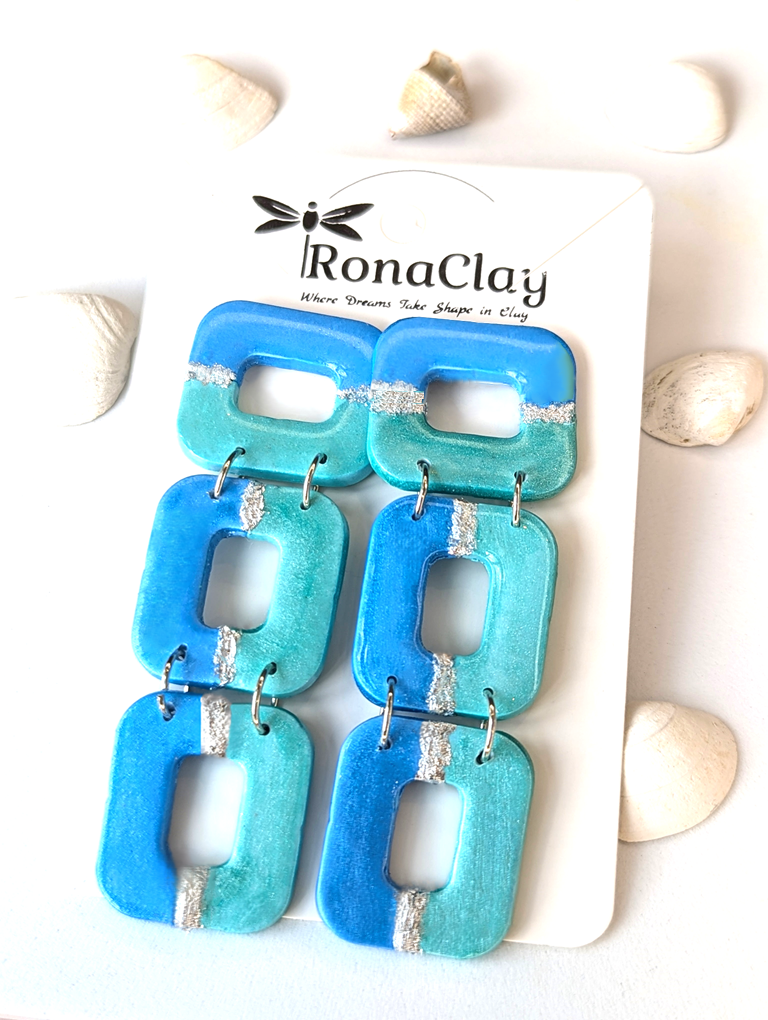 Ocean Blue Rectangle Chain Earrings –  Handmade Polymer Clay Earrings