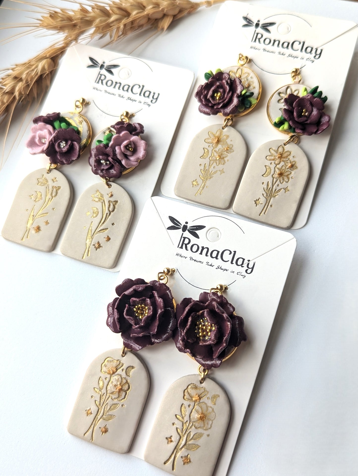 Floral earrings with dark purple and soft beige bases - Handmade Polymer Clay Earrings