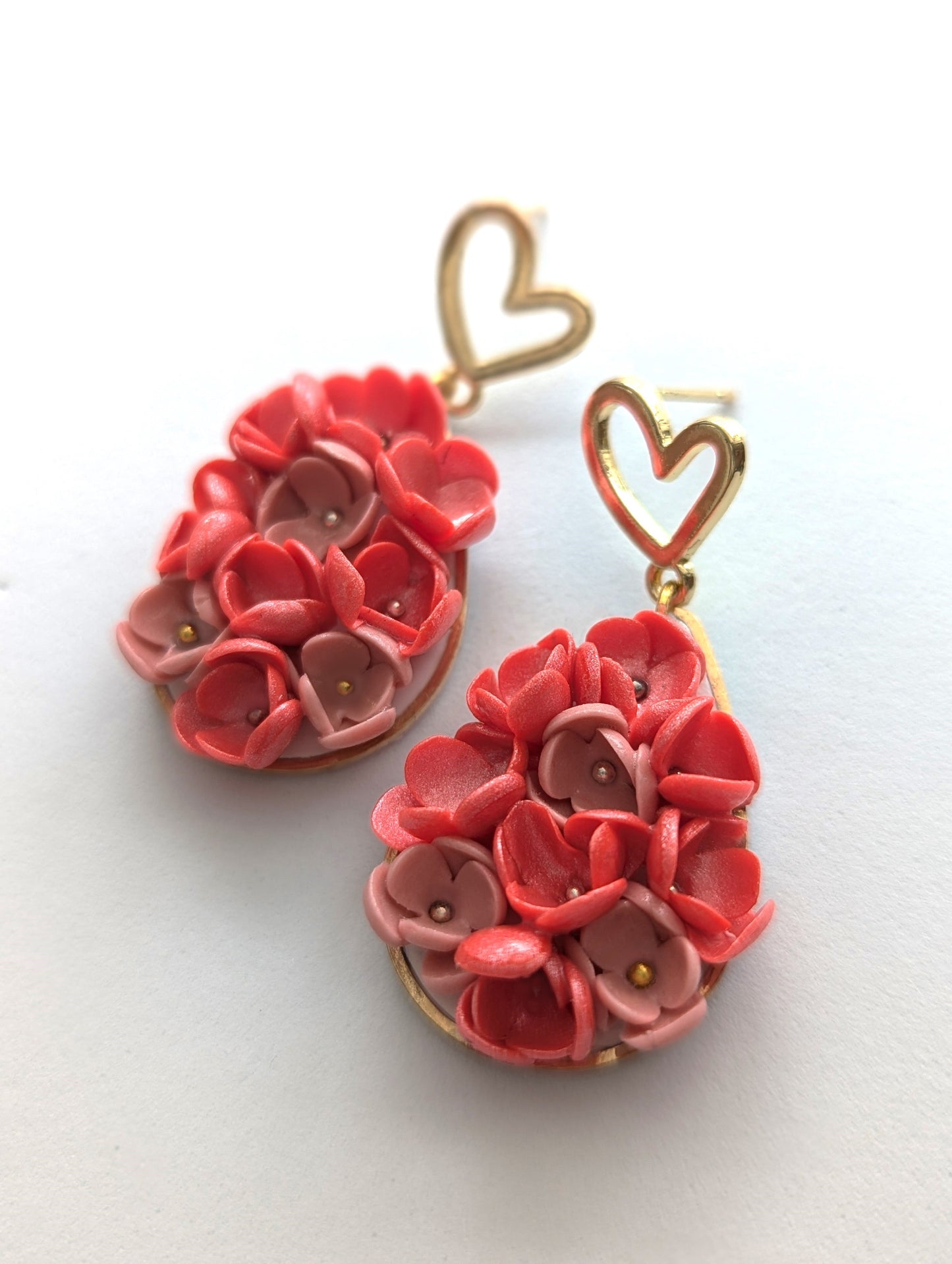 Floral earrings with heart stud-Handmade Polymer Clay Earrings | Pink and brown floral earrings