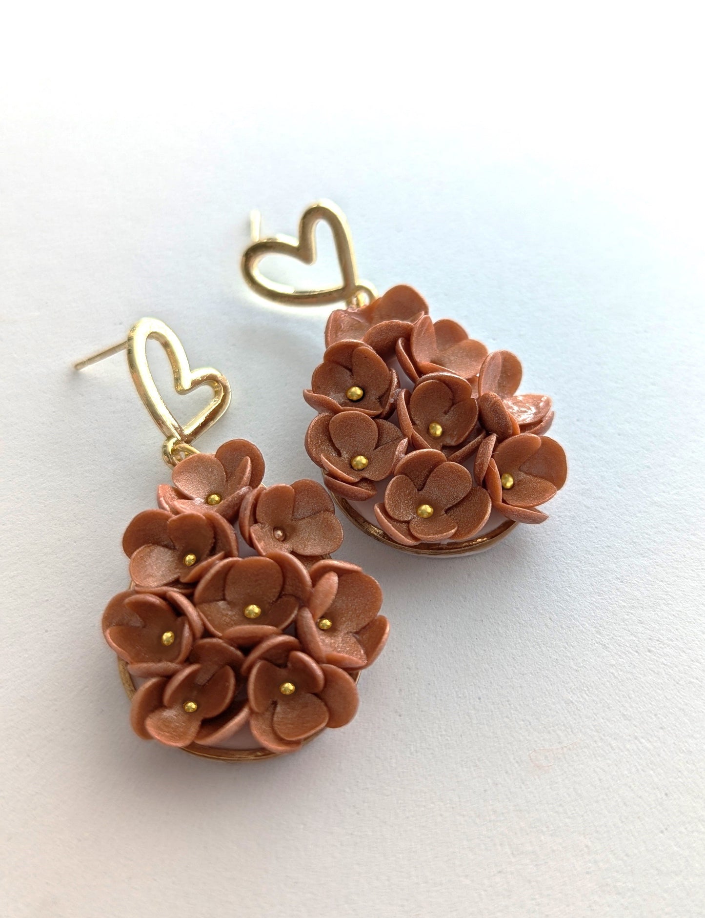 Floral earrings with heart stud-Handmade Polymer Clay Earrings | Pink and brown floral earrings