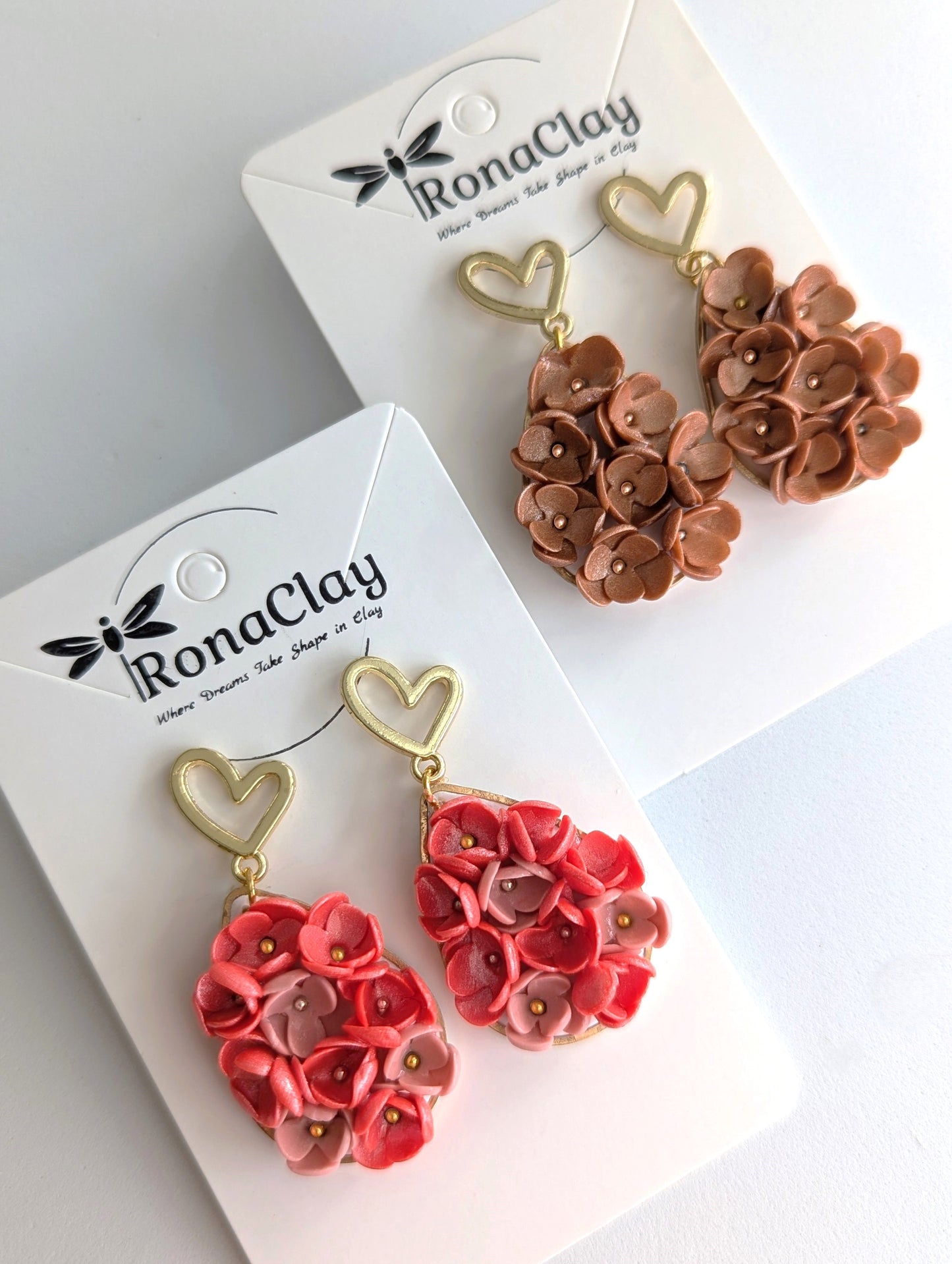 Floral earrings with heart stud-Handmade Polymer Clay Earrings | Pink and brown floral earrings