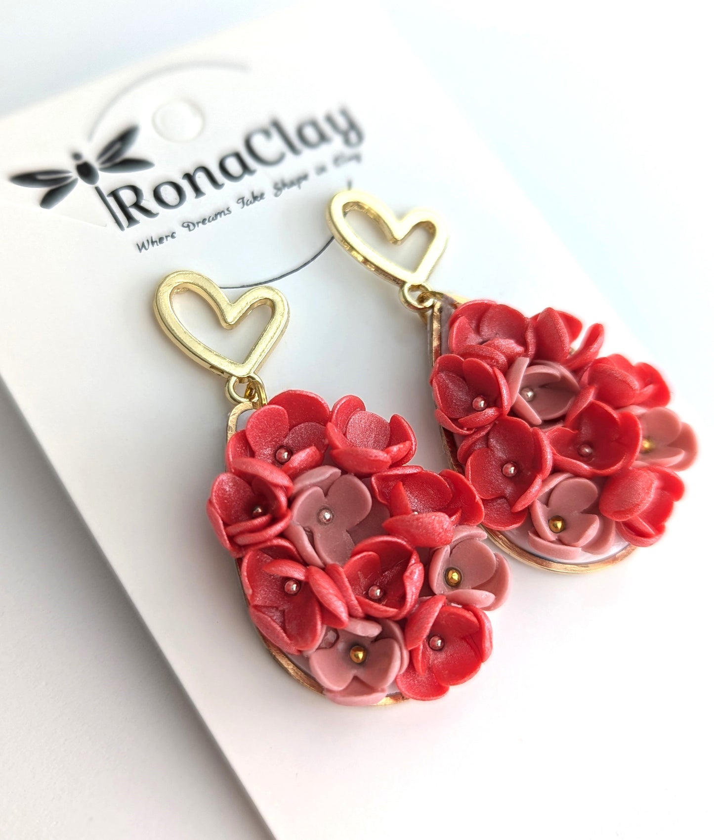 Floral earrings with heart stud-Handmade Polymer Clay Earrings | Pink and brown floral earrings
