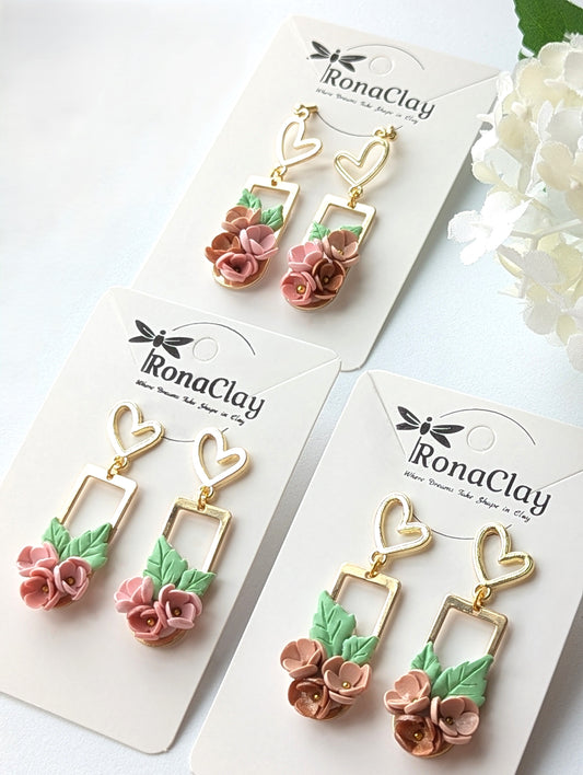 Floral Heart Dangle Earrings - Handmade Polymer Clay Jewelry | Customizable accessories