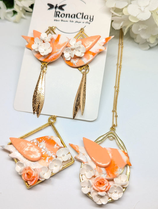 Orange and White Necklace & Earring Set -Handmade Polymer Clay Earrings and Neckless Set