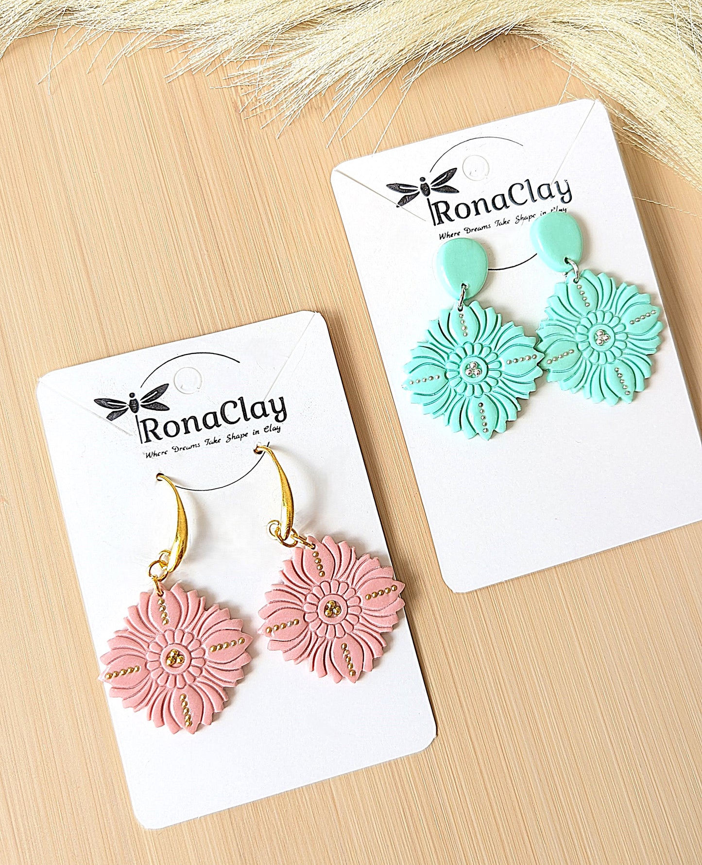 Mediterranean style, Light Pink and Teal earrings - Handmade Polymer Clay Earrings |  Mint Green,Blue and Pink