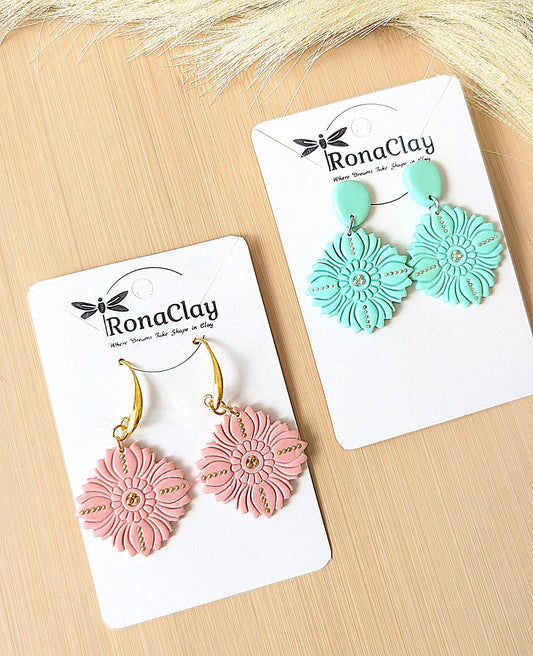 Mediterranean style, Light Pink and Teal earrings - Handmade Polymer Clay Earrings |  Mint Green,Blue and Pink