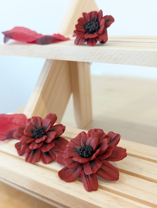 Red Flower Earrings and matching Ring Set - Handmade Polymer Clay | Modern Design