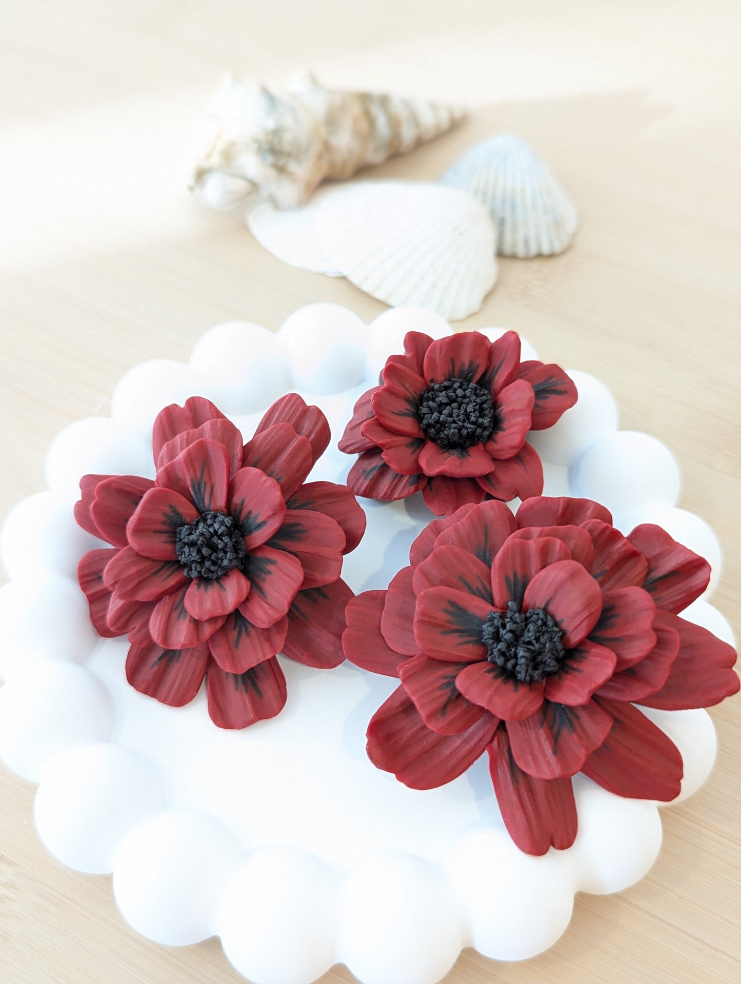 Red Flower Earrings and matching Ring Set - Handmade Polymer Clay | Modern Design