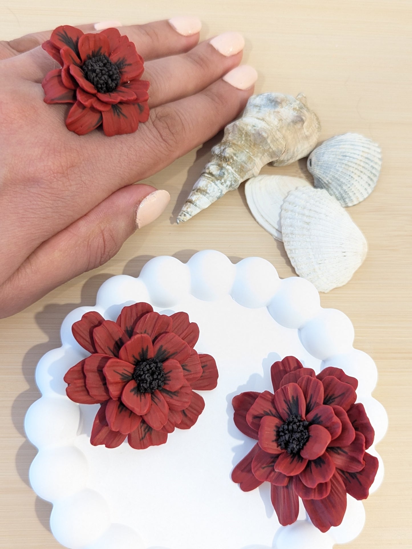 Red Flower Earrings and matching Ring Set - Handmade Polymer Clay | Modern Design