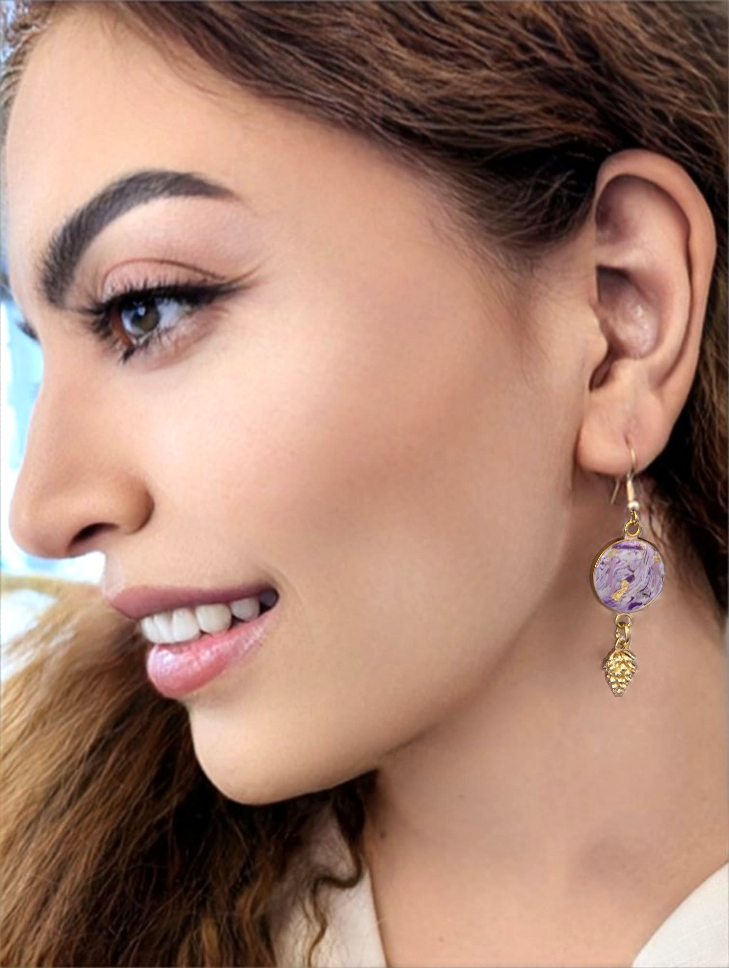 Marbled purple design with gold feather and Pinecone charms -Handmade Polymer Clay Earrings