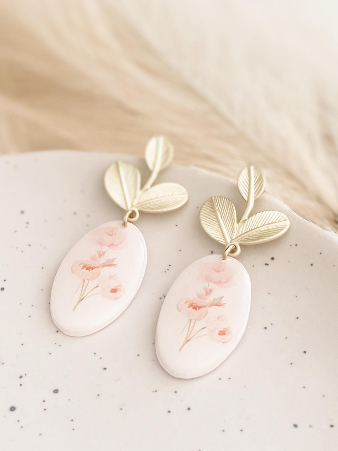 Oval Earrings with Leaf Stud Design - Handmade Polymer Clay Earrings