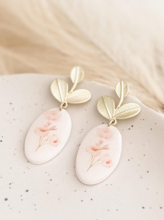 Oval Earrings with Leaf Stud Design - Handmade Polymer Clay Earrings