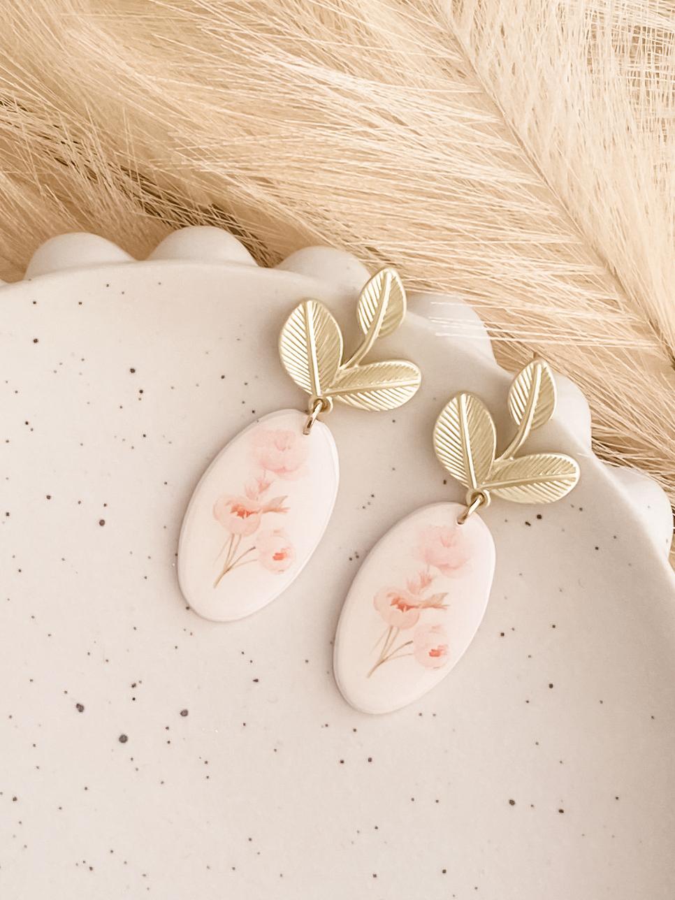 Oval Earrings with Leaf Stud Design - Handmade Polymer Clay Earrings
