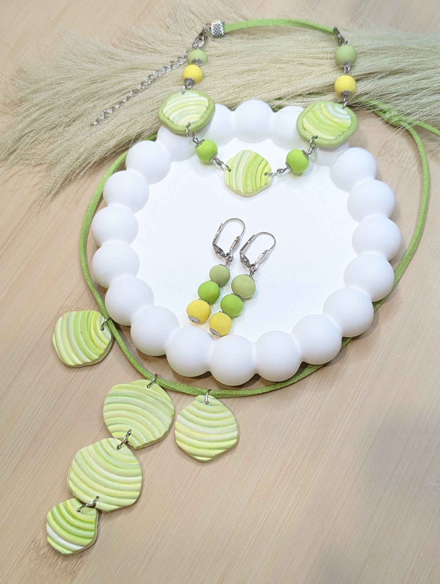 Handmade lime green polymer clay jewelry 3 piece set with adjustable necklace, bracelet, and Ombre earrings. modern boho statement accessories