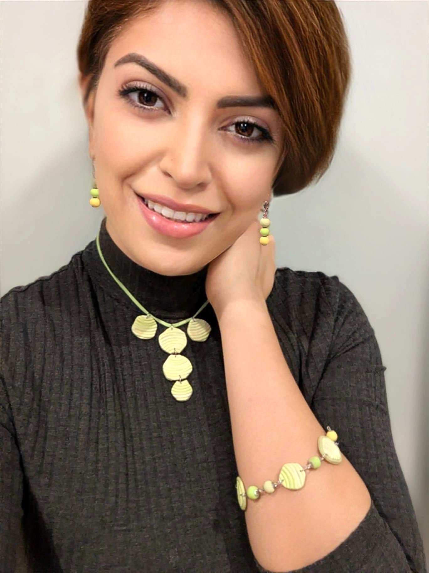 Handmade lime green polymer clay jewelry 3 piece set with adjustable necklace, bracelet, and Ombre earrings. modern boho statement accessories