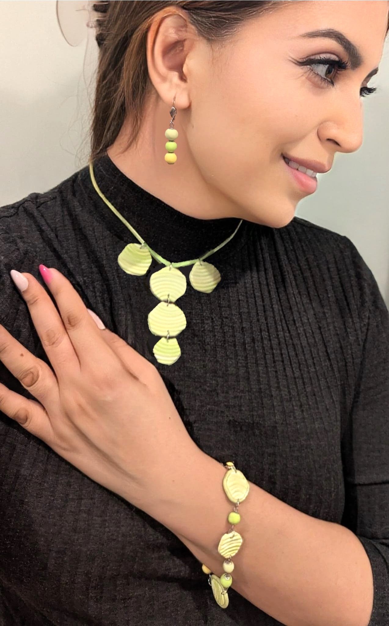 Handmade lime green polymer clay jewelry 3-piece set with adjustable necklace, bracelet, and Ombre earrings. modern boho statement accessories.