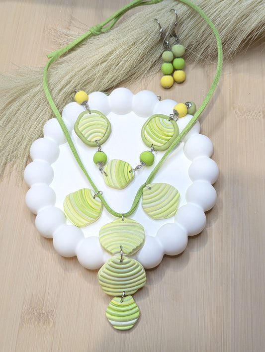 Handmade lime green polymer clay jewelry 3 piece set with adjustable necklace, bracelet, and Ombre earrings. modern boho statement accessories