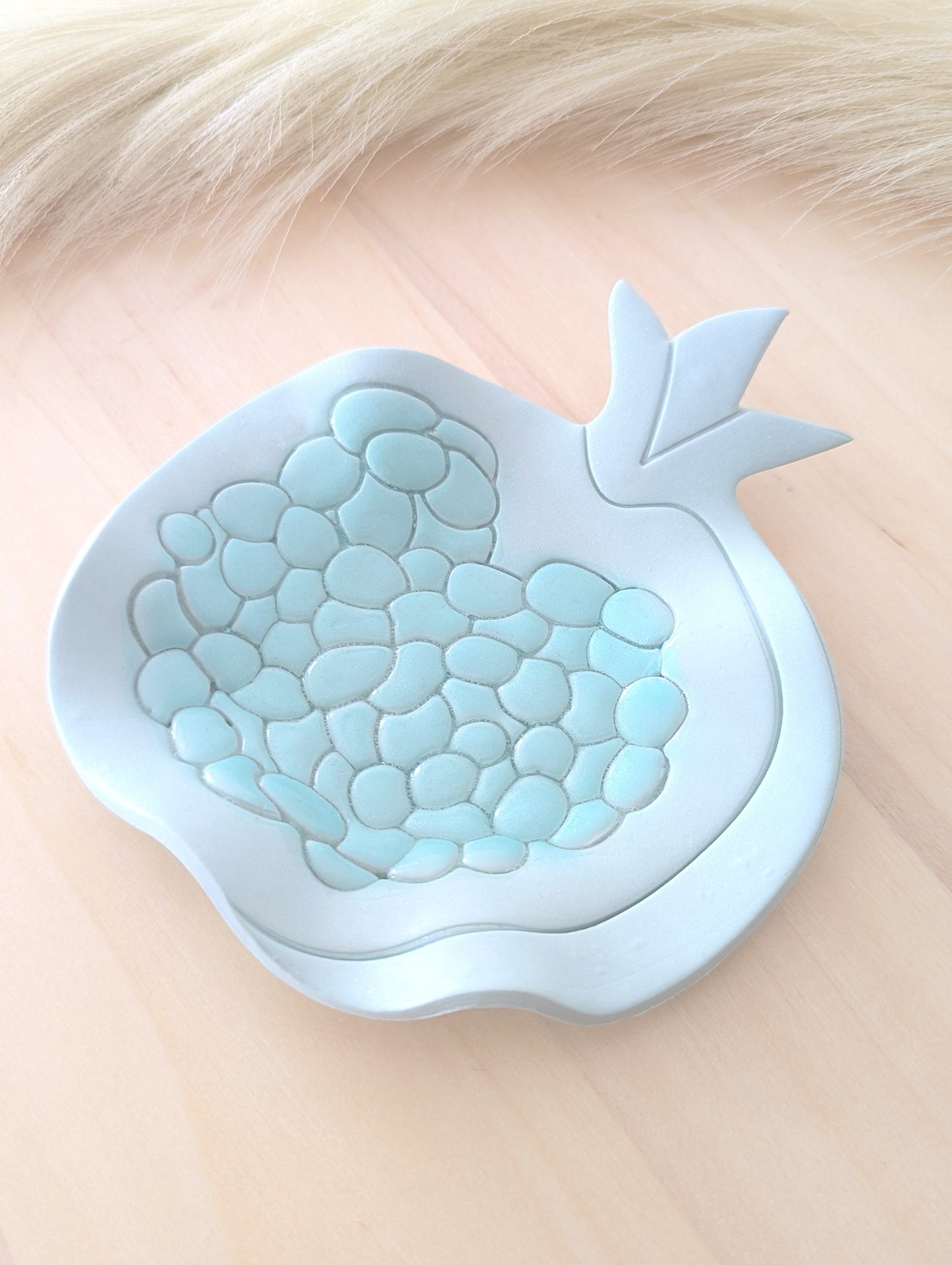 handmade blue polymer clay pomegranate shape trinket dish. Perfect for styling your home or organizing your favorite small items, also can be gifted as a meaningful present.