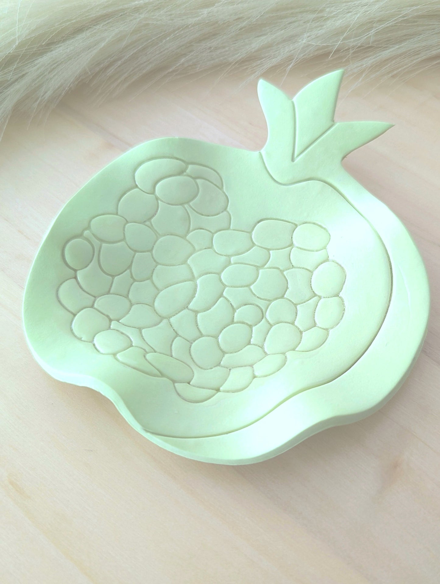 handmade lime green polymer clay pomegranate shape trinket dish. Perfect for styling your home or organizing your favorite small items, also can be gifted as a meaningful present.