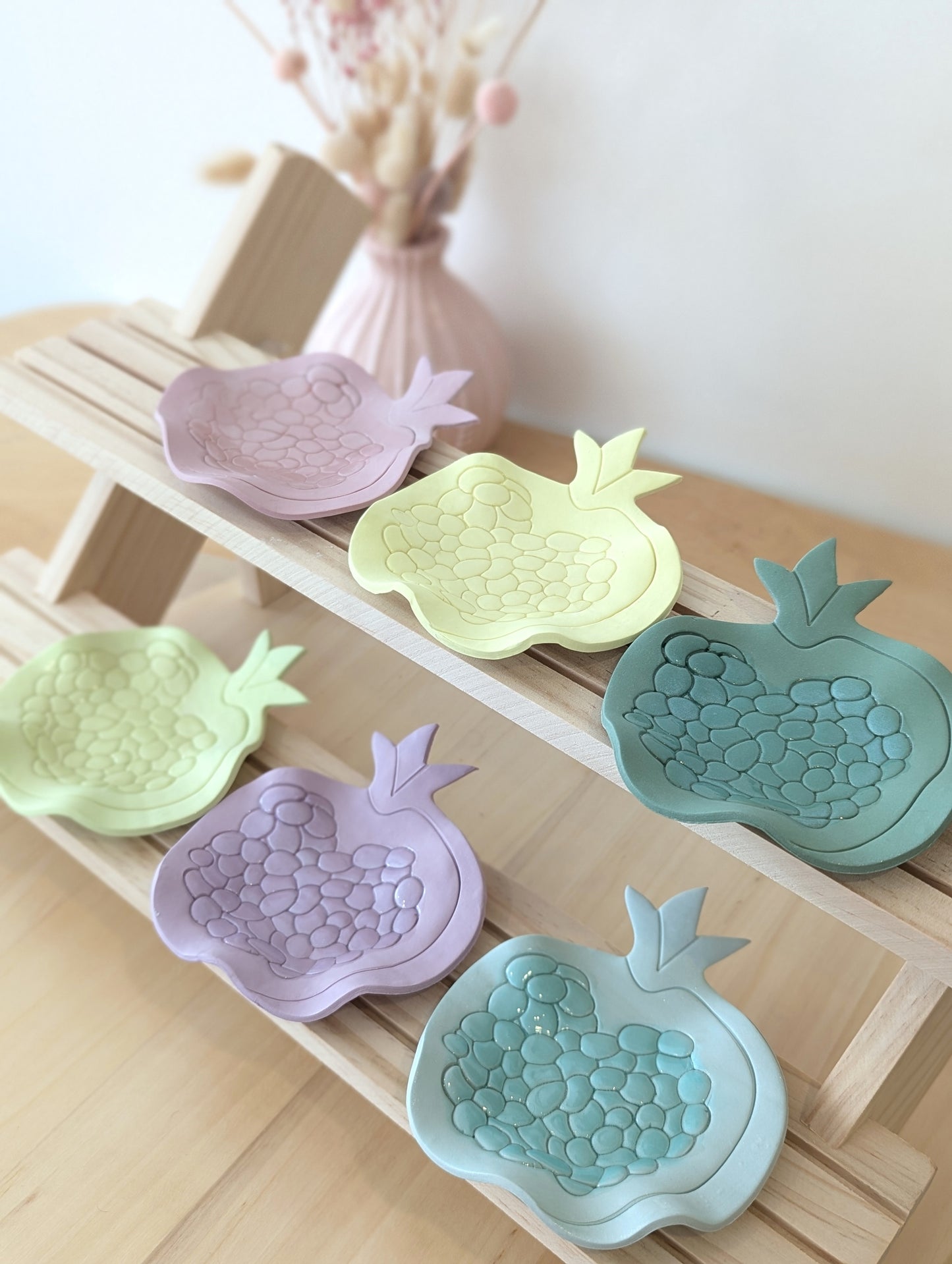 handmade set of 6 polymer clay pomegranate-shape trinket dish. Perfect for styling your home or organizing your favorite small items, also can be gifted as a meaningful present.