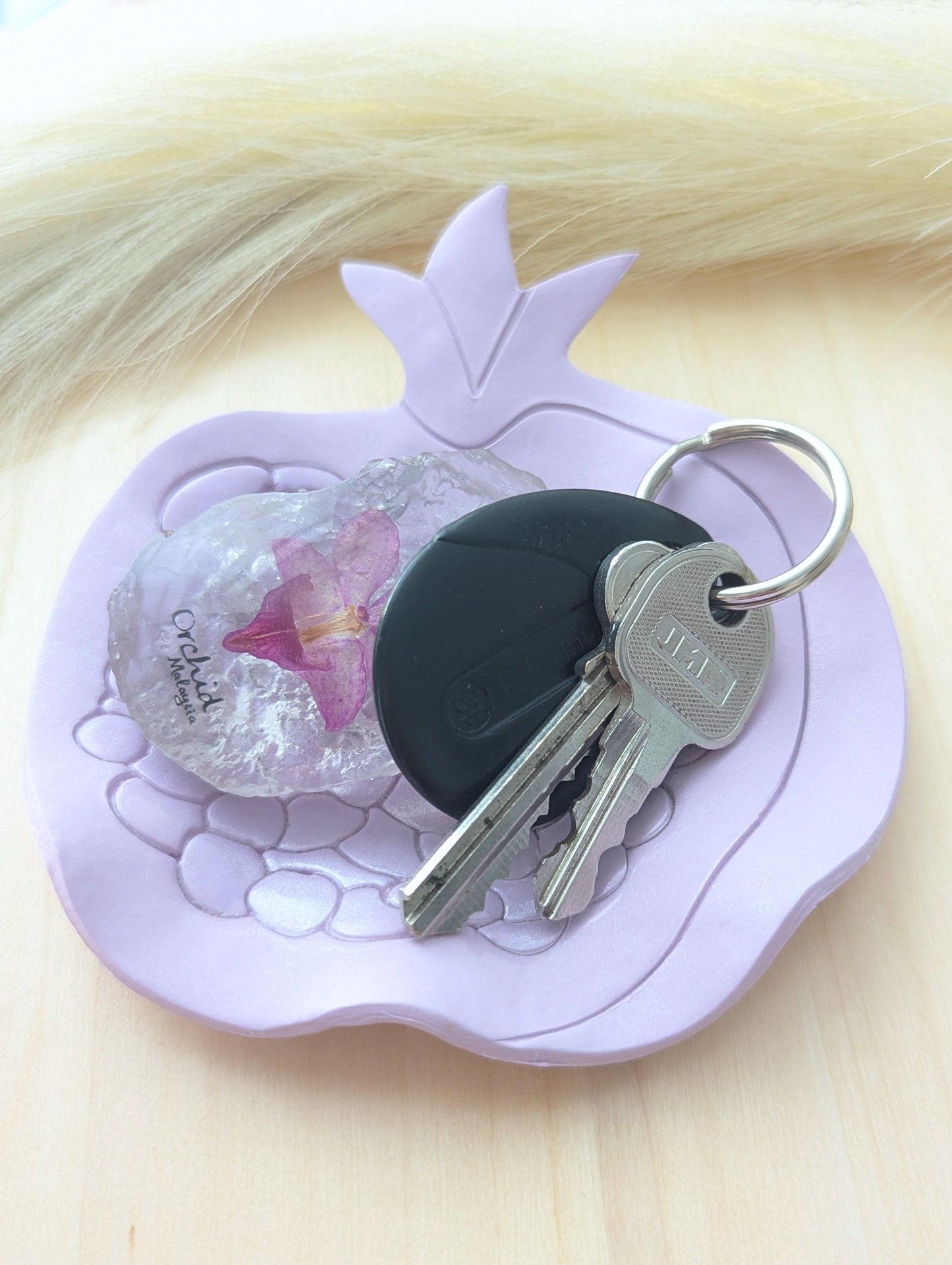 handmade lavender polymer clay pomegranate shape trinket dish. Perfect for styling your home or organizing your favorite small items. also can be gifted as a meaningful present.