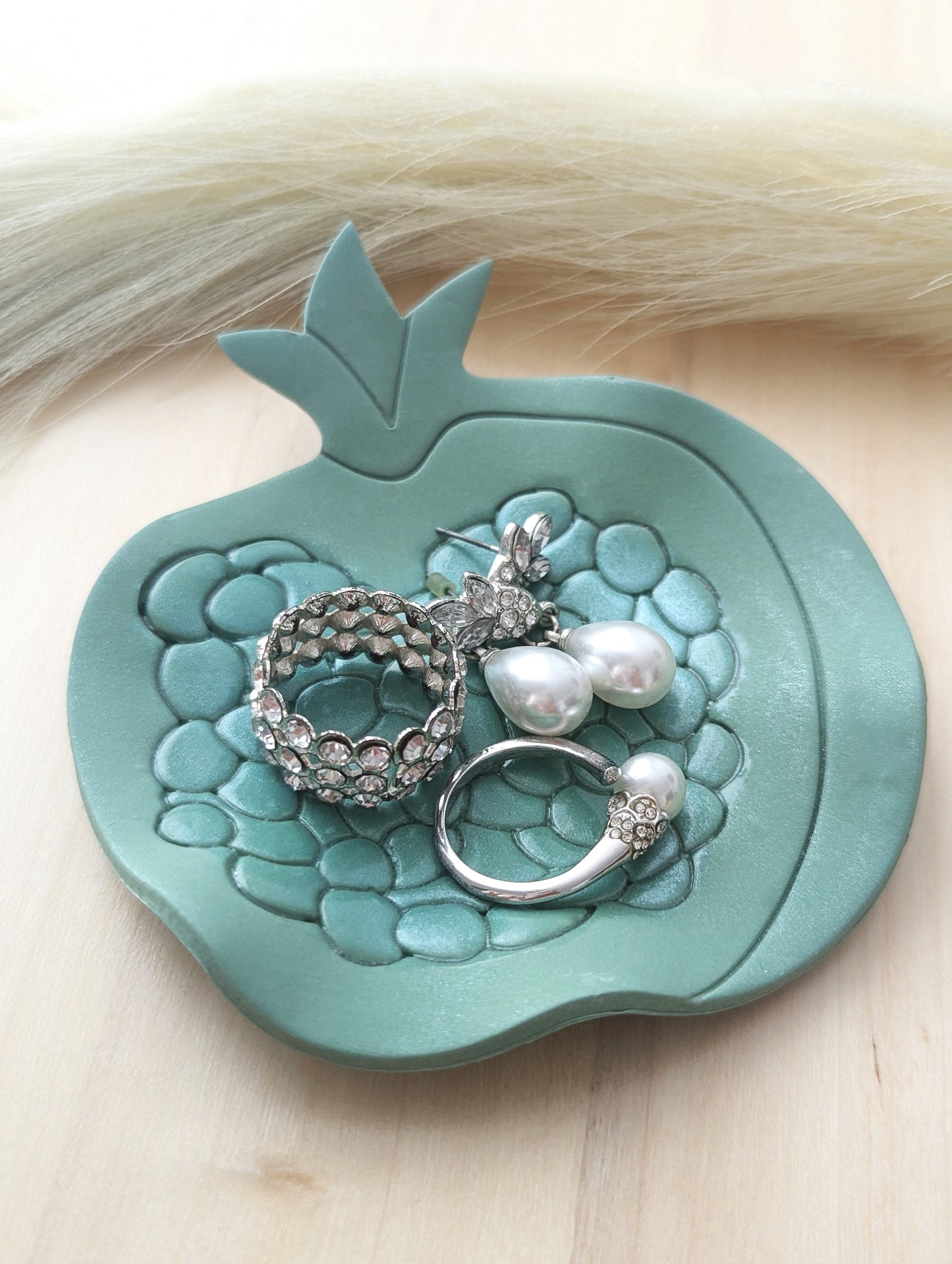 handmade green polymer clay pomegranate shape trinket dish. Perfect for styling your home or organizing your favorite small items, also can be gifted as a meaningful present.