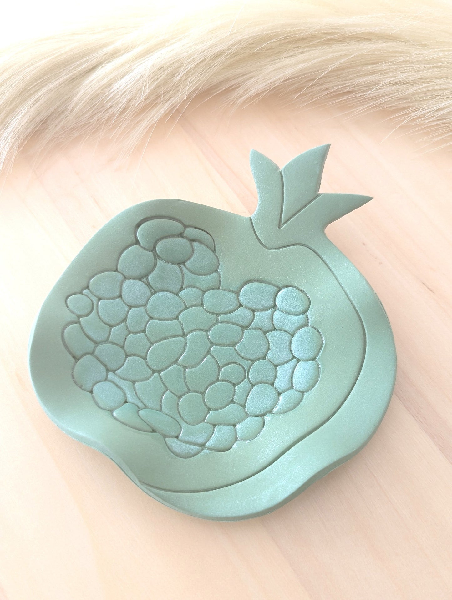handmade green polymer clay pomegranate shape trinket dish. Perfect for styling your home or organizing your favorite small items, also can be gifted as a meaningful present.