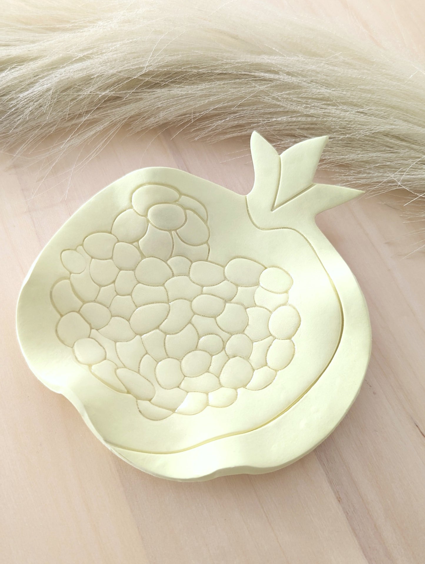handmade yellow polymer clay pomegranate shape trinket dish. Perfect for styling your home or organizing your favorite small items, also can be gifted as a meaningful present.